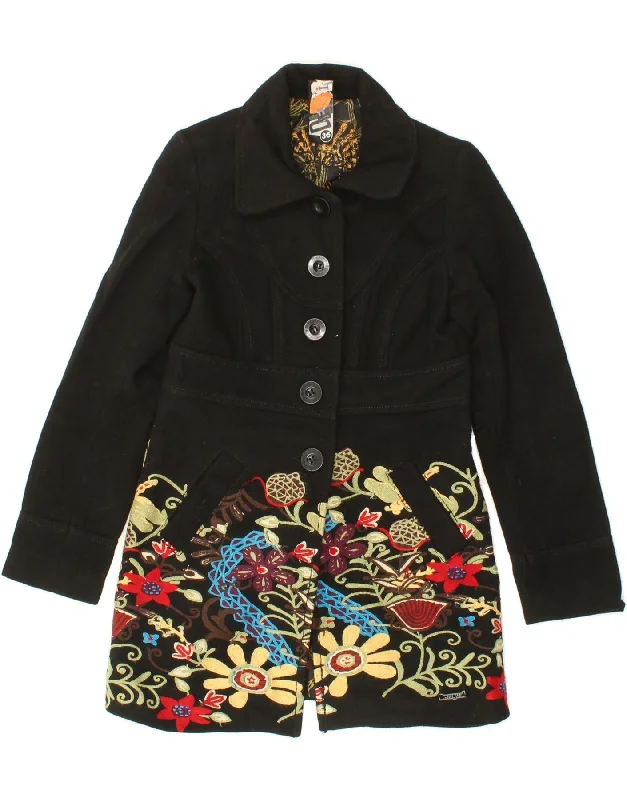 Value Deals DESIGUAL Womens Graphic Overcoat EU 36 Small Black Floral Polyester