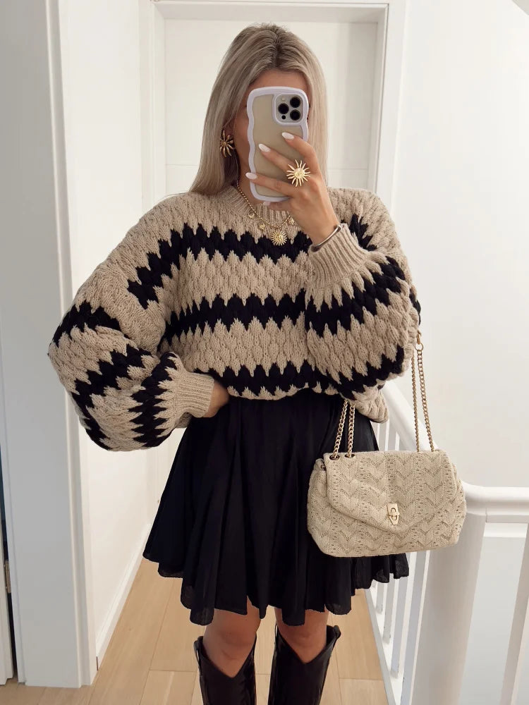 Deal of the Day Splicing Round Neck Knitted Pullover Casual Long Sleeve Loose Women's Sweater