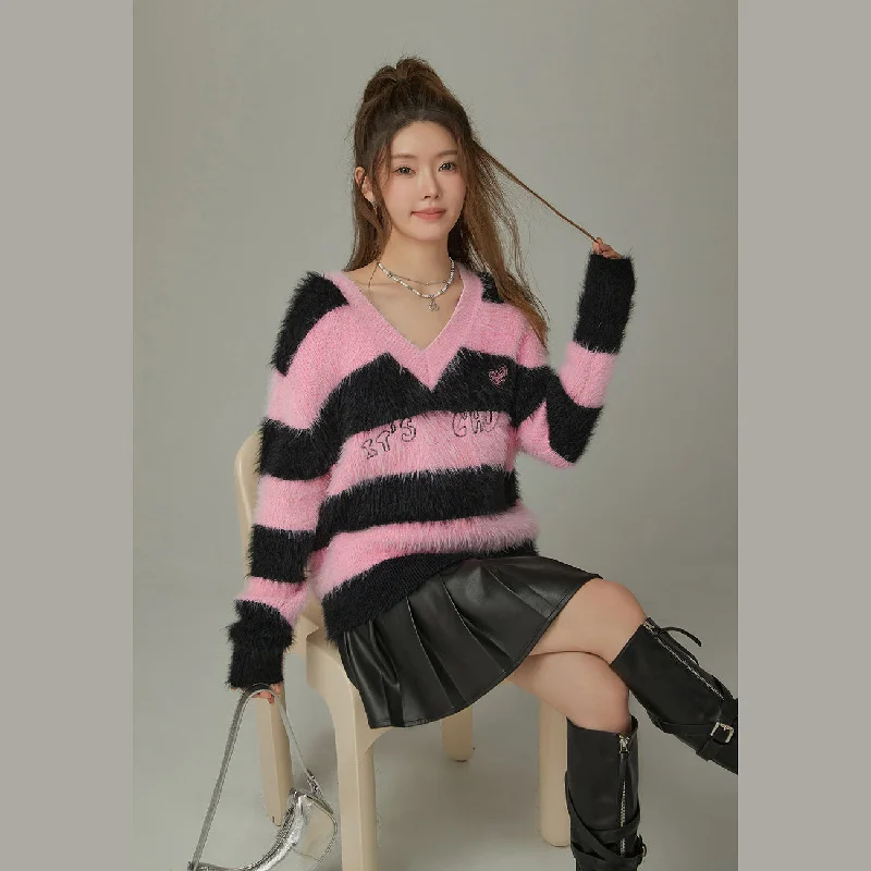 Deal Dash Striped V-Neck Knit Sweater