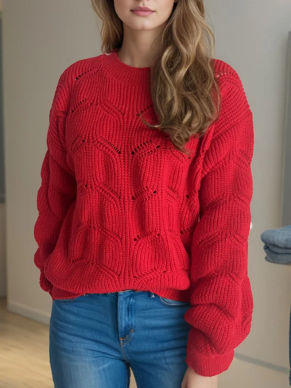 Discount Extravaganza Openwork Round Neck Dropped Shoulder Sweater