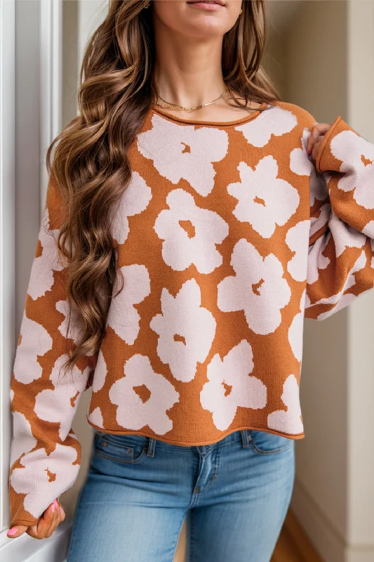 Hot Deal Flower Round Neck Long Sleeve Knit Top