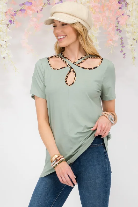 Savings Alert Celeste Full Size Crisscross Cutout Leopard Contrast Trim T-Shirt