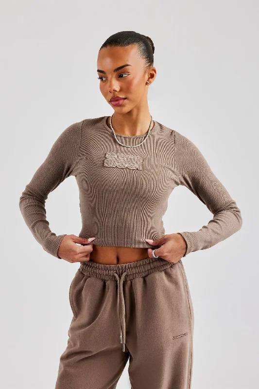 Closeout Long Sleeve Applique T-Shirt - Chocolate