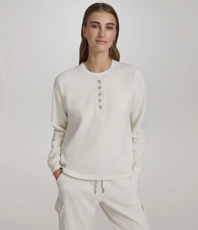 Warehouse Sale Fleece Crewneck with Rhinestone Buttons