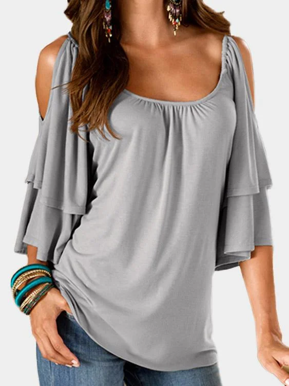 Limited Edition Custom Cold Shoulder Tiered Half Sleeve Grey T-Shirts