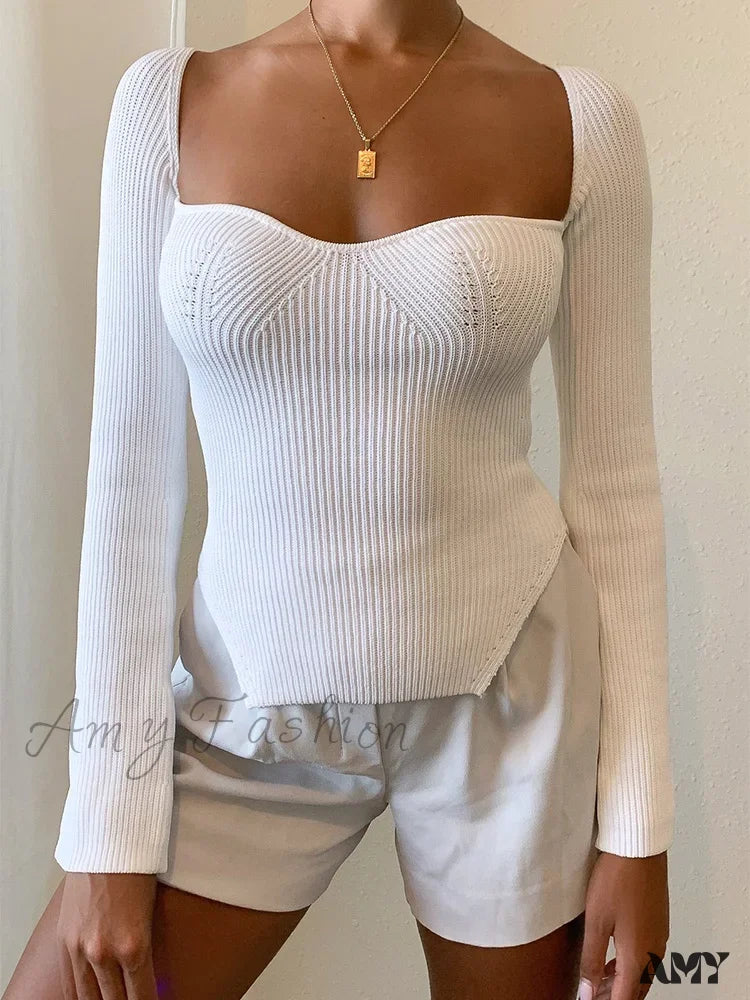 Last Chance Square Collar Long Sleeve Woman Knitted Pullover Spring Autumn Winter Tops Black White Sweater