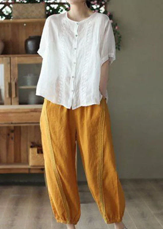 Price Drop Chic Yellow Pockets Patchwork Linen Harem Pants Summer
