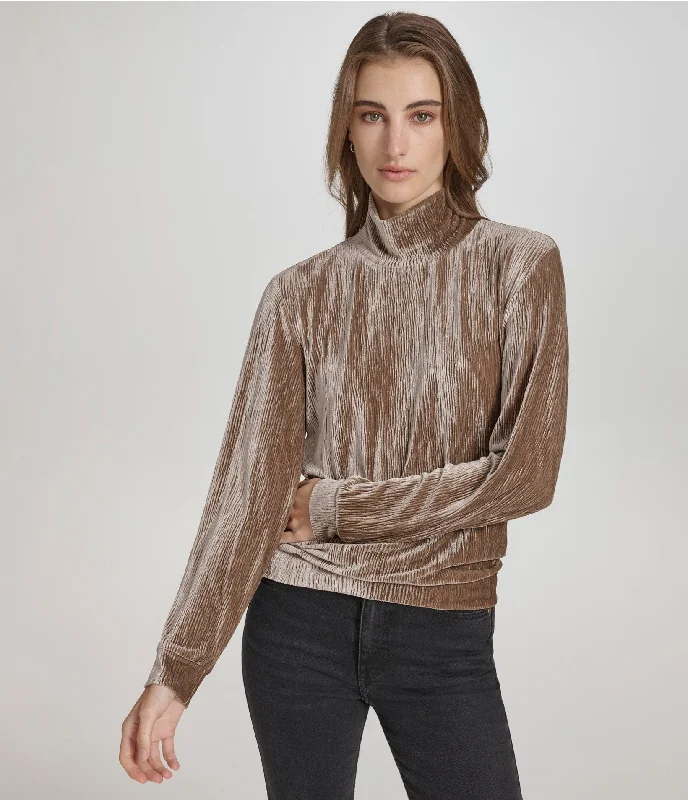 Steals and Deals Wavy Velvet Turtleneck Long Sleeve Top