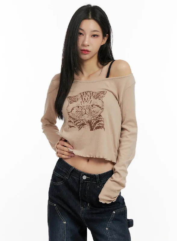 Weekend Deals to Make You Happy Cat Graphic Print Cropped Shirt CN416