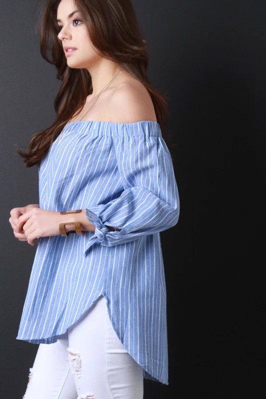 New Arrival Off The Shoulder Striped High Low Hem Top