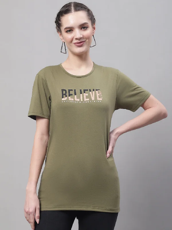 Super Sale Vimal Jonney Round Neck Cotton Printed Olive T-Shirt for Women
