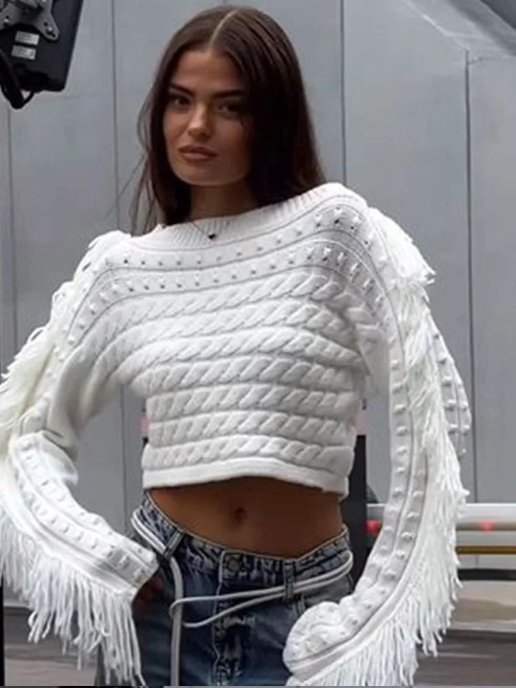Exclusive Offers Women Vintage Solid Tassel Short Fashion Long Sleeve Knitted Pullover Sweater