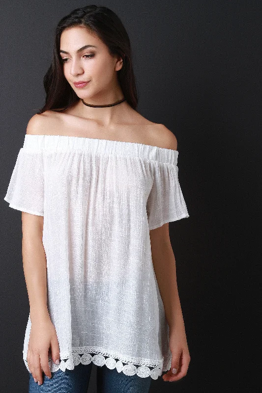 Lowest Prices Off The Shoulder Crochet Trim Blouse