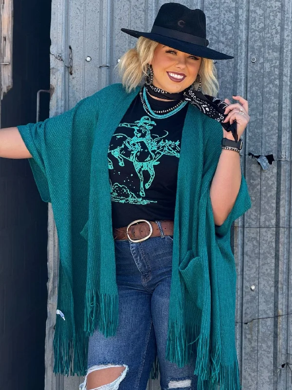 Clearance Sale Charlie Teal Knit Fringe Kimono by Texas True Threads