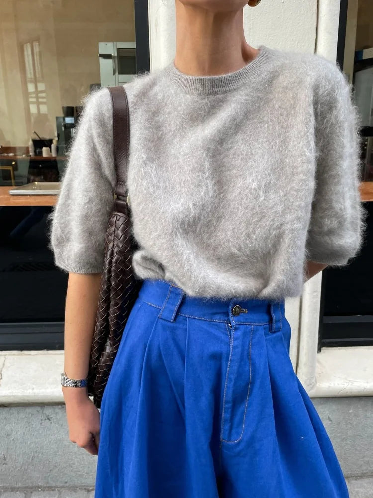 Today Only Casual Solid Color Short Sleeve Women's Elegant Round Neck Loose Sweater