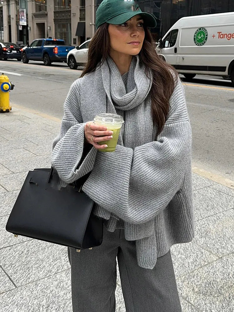 Unmissable Offer Casual Grey Cropped Oversize Women's Scarf Collar Long Sleeve Knitted Pullover Sweater