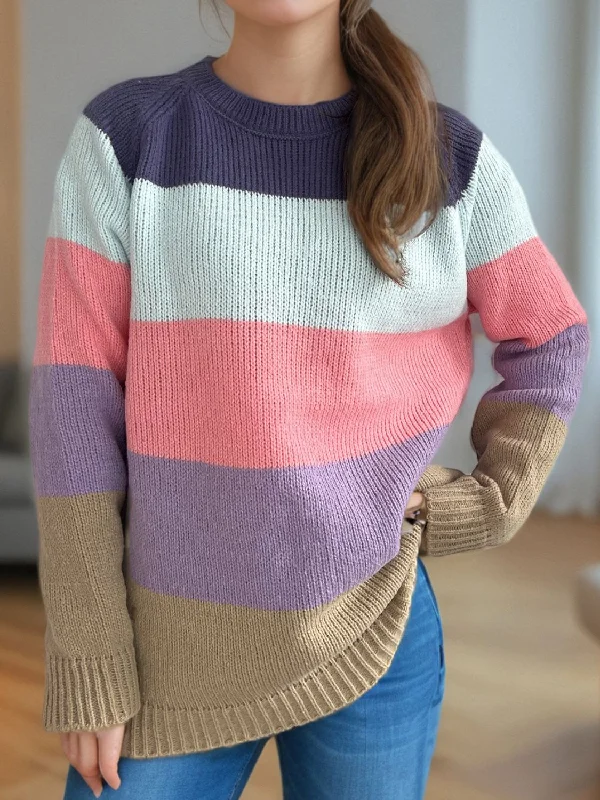 Closeout Color Block Round Neck Long Sleeve Sweater
