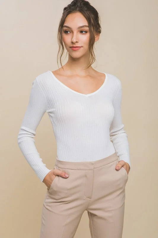 Extra Savings Paris V Neckline Yarn Long Sleeve Body Suit S-XL
