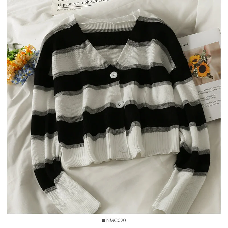 Act Fast Korean stripe three button low neck thin cardigan long sleeve  1793