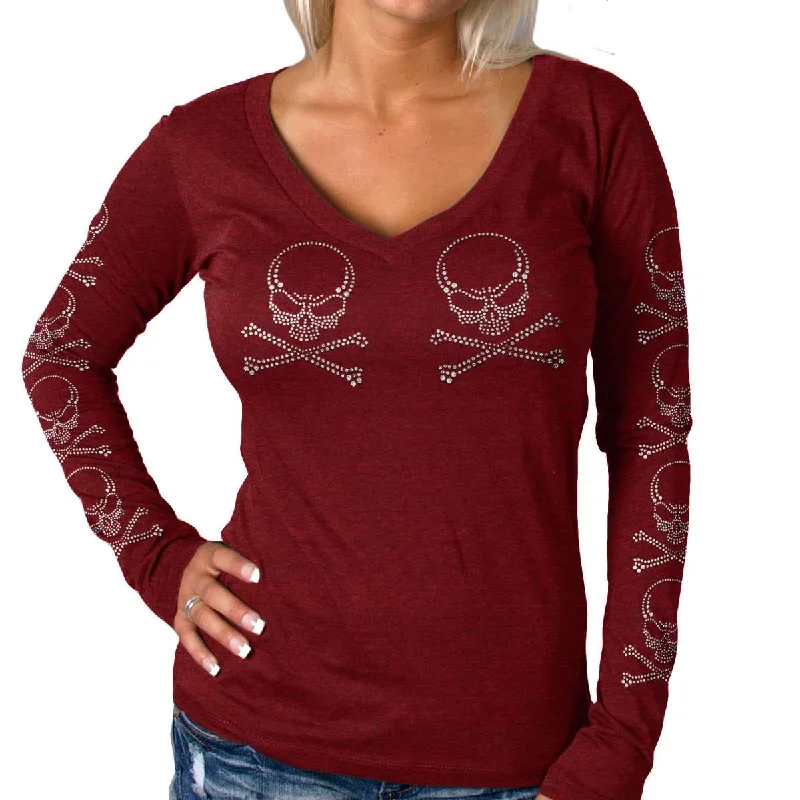 Online Only Hot Leathers Ladies Long Sleeve Studded Cross Bones Shirt GLC3542
