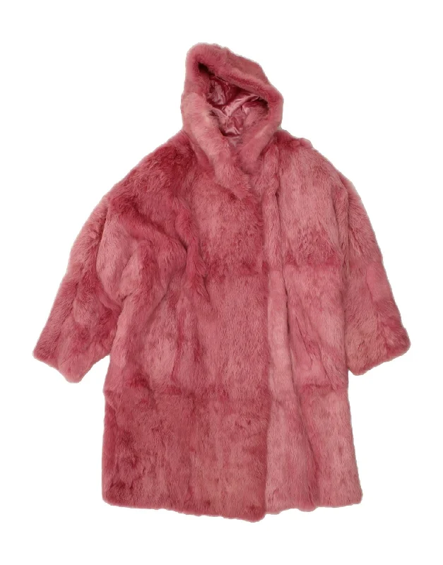 Weekend Specials to Relish VINTAGE Womens Hooded Faux Fur Overcoat UK 16 Large Pink