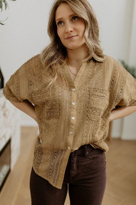 Low Price The Cavalleri Short Sleeve Crochet Button Down - Olive Brown