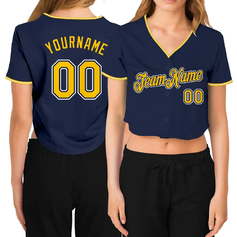 Markdowns Custom Women's Navy Gold-White V-Neck Cropped Baseball Jersey