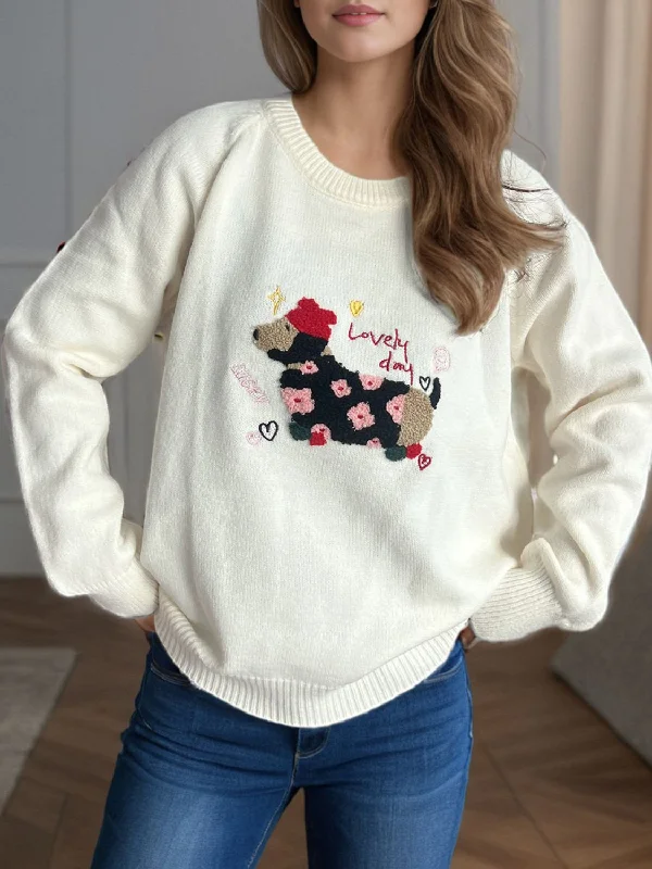 Flash Sale Puppy Round Neck Raglan Sleeve Sweater