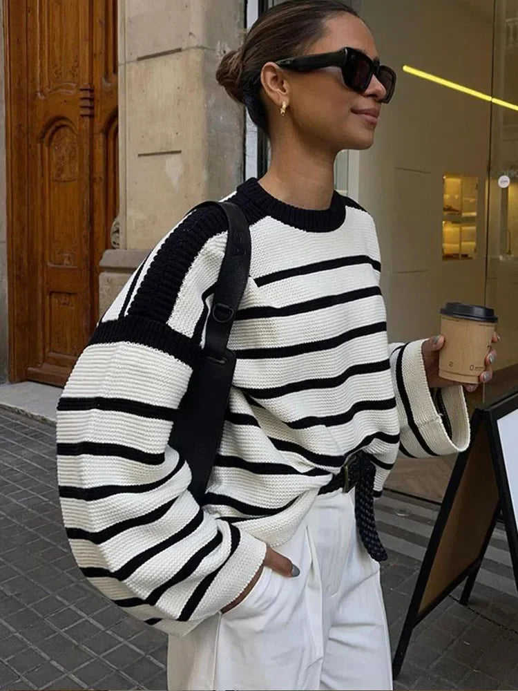 Special Discount Elegant Black White Striped Knitted Women Casual Round Neck Long Sleeves Sweater