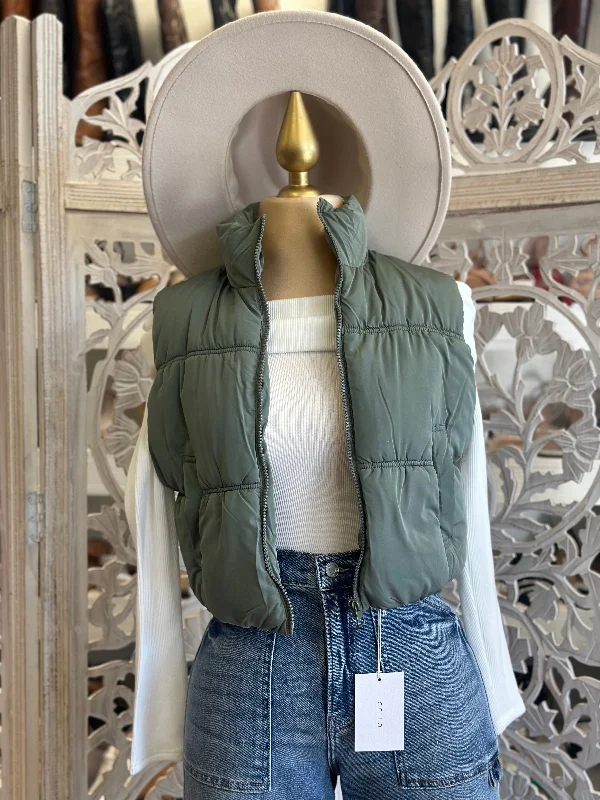 Don't Delay Seafoam Cropped Puffer Vest- Stretchy