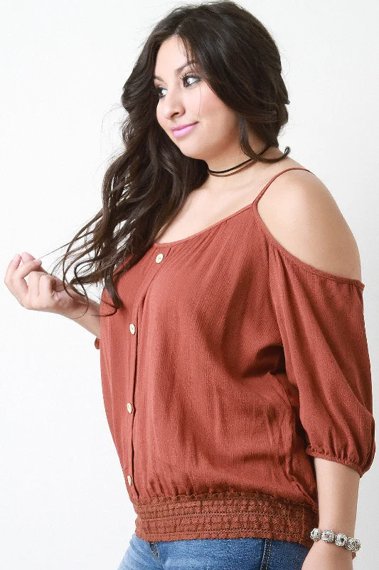 Half Price Lace Trim Cold Shoulders Buttons Top