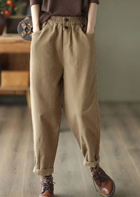 Exclusive Preview Casual Khaki Elastic Waist Oversized Cotton Harem Pants Fall