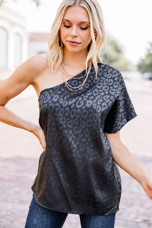 Discount Days Let's See Black Satin Leopard Blouse