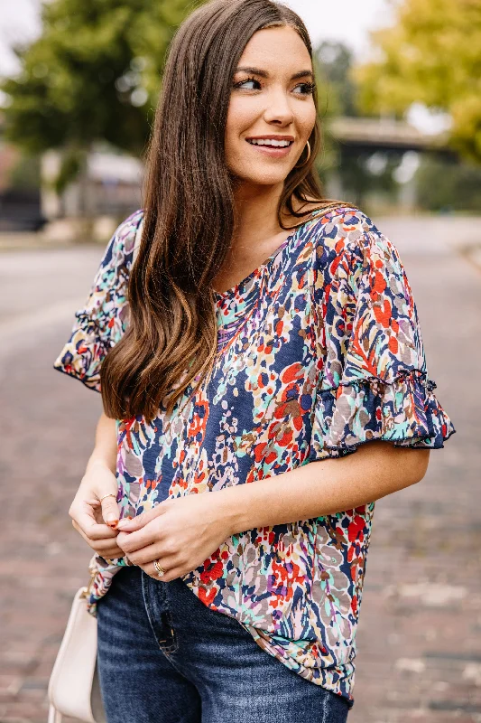 Mega Deal Just You Wait Navy Blue Ruffled Sleeve Top
