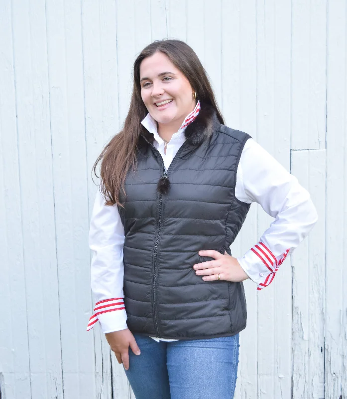 Time-Sensitive Blondie Black Puffer Vest w Faux Brown Fur (PFFBlack 1)