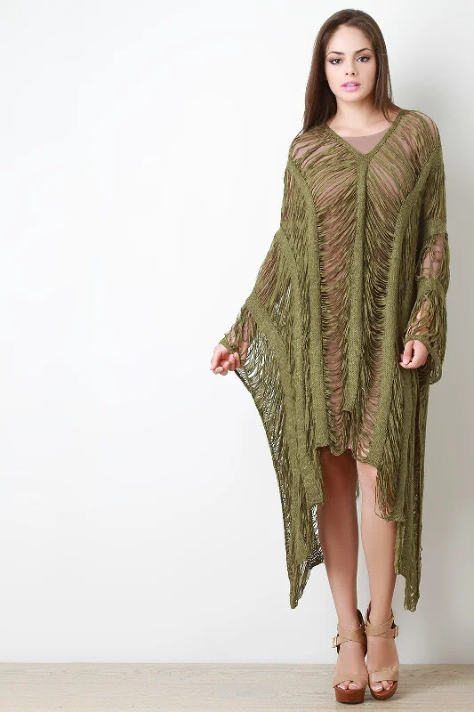 Reduced Rates Shredded Knit Stripe Poncho