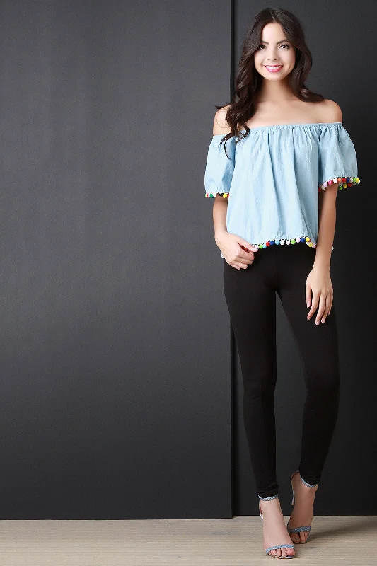 Act Fast Pom Pom Chambray Bardot Top