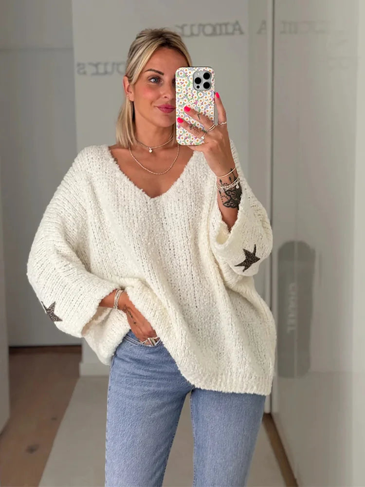 Weekend Bargains to Grab Fashion White Cuff Stars Graphic Loose Women Elegant V-neck Long Sleeves Warm Sweater