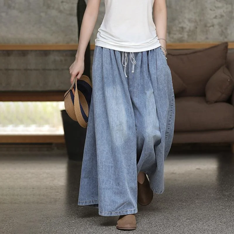 Lowest Prices Casual Drawstring Blue Denim Wide Leg Pants
