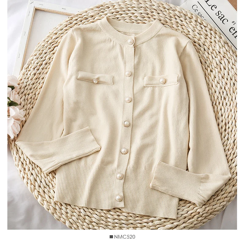 Shop and Save Round neck single row pearl button cardigan sweater coat  1865