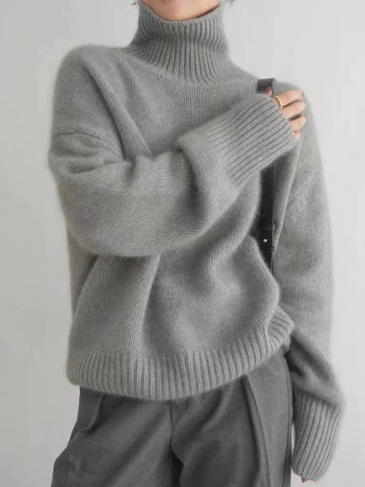 Bonus Savings Elegant Solid Color Turtleneck Knitted Women Casual Long Sleeve Loose Sweater