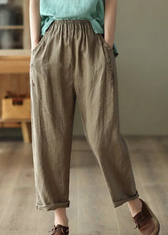Instant Deal Brown Pockets High Waist Linen Pants Summer