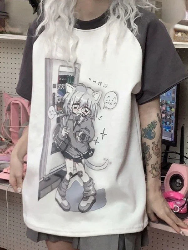 Time-Limited Offer Grey Neko Girl Detachable Sleeve Tee
