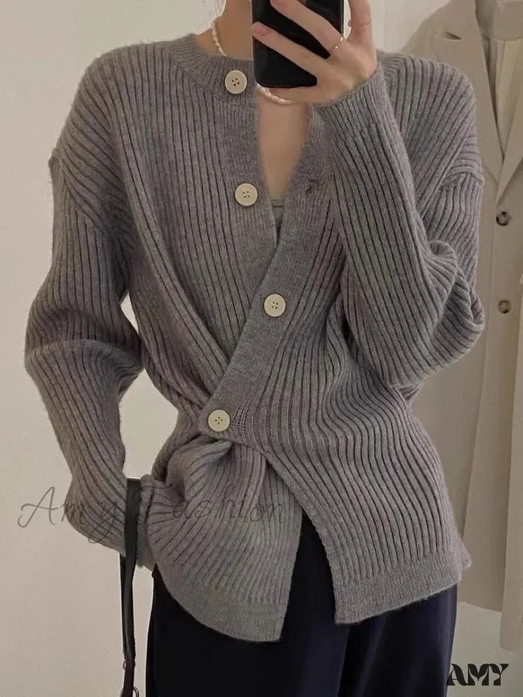 Instant Savings Grey Premium Thick Women's Autumn Winter Design Irregular Side Buckle Breasted Sweater