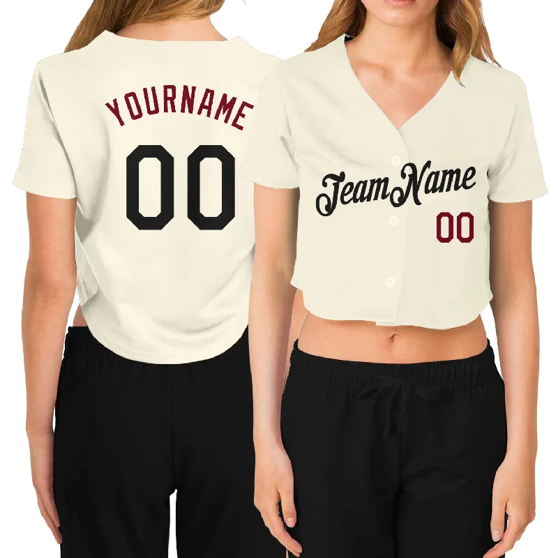 Weekend Deals That Impress Custom Women's Cream Black-Crimson V-Neck Cropped Baseball Jersey