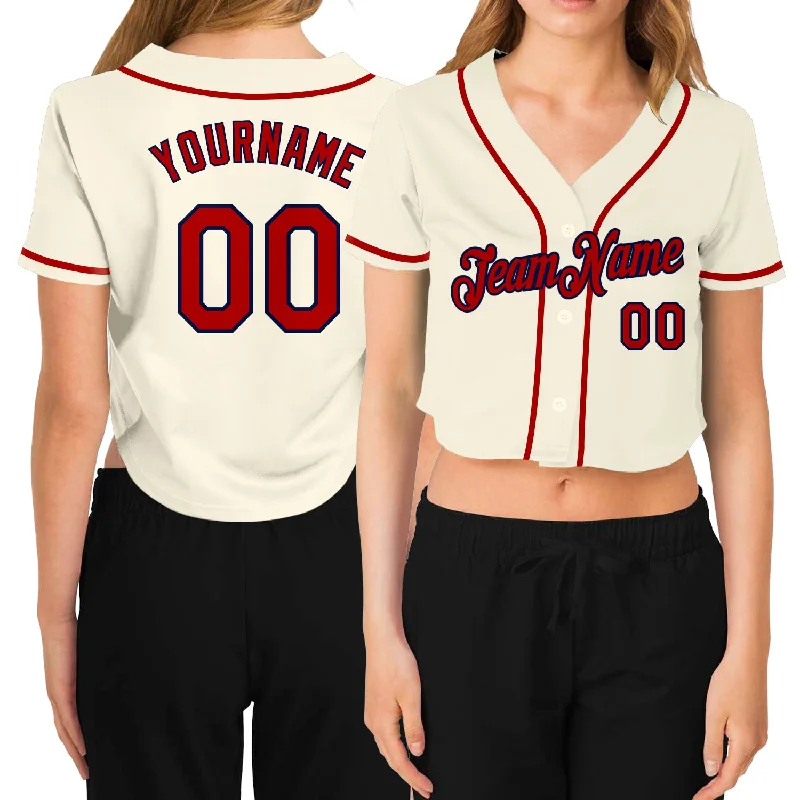 Weekend Bargains to Sizzle Custom Women's Cream Red-Navy V-Neck Cropped Baseball Jersey