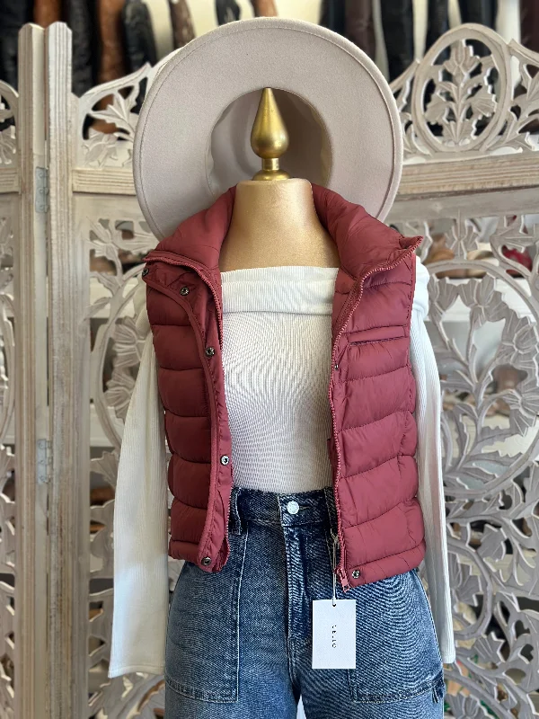 Weekend Special Deep Rose Cropped Zip Up Puffer Vest- Stretchy