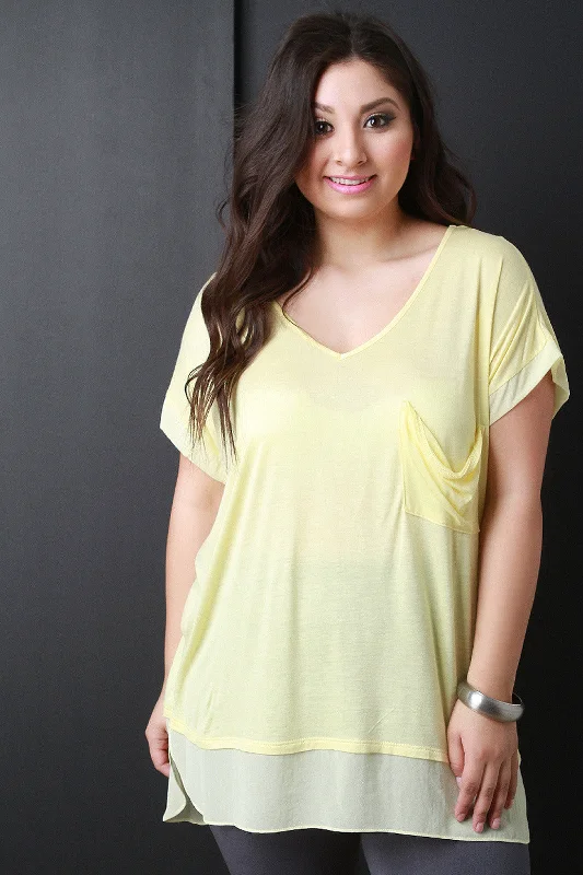Exclusive Savings Pocket Short Sleeve Sheer Hem Top