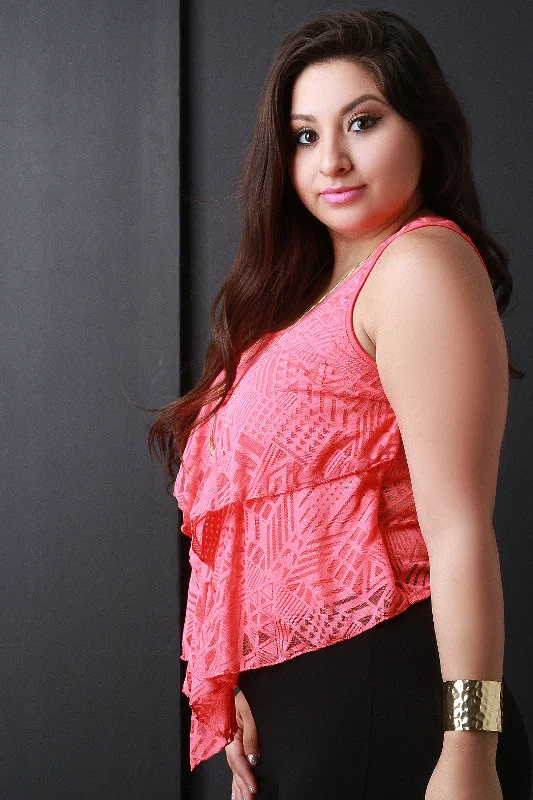 Lowest Price Pointed Hem Geometric Mesh Lace Tank Top