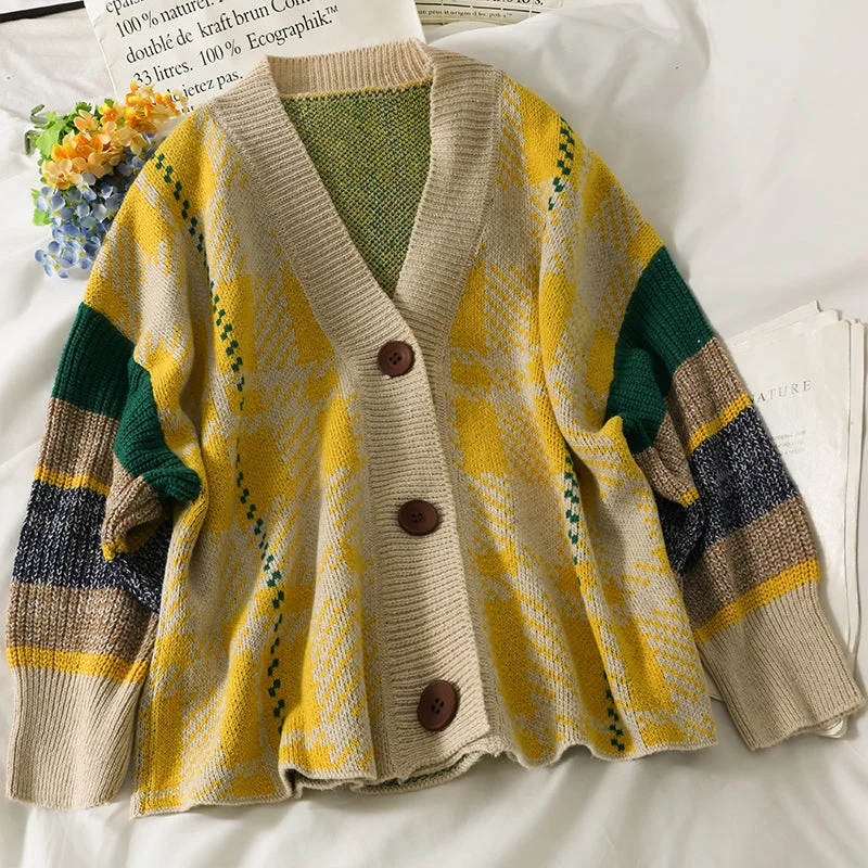 Weekend Deals That Please Hong Kong Style checkered single breasted cardigan sweater  1795